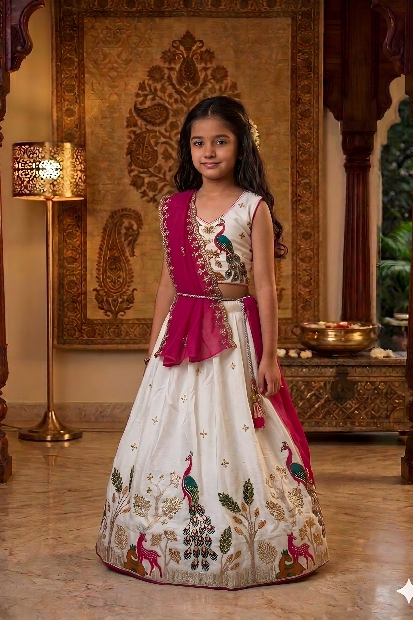 Stylish Off White Peacock Embroidered Lehenga Choli for Girls with Pink Dupatta