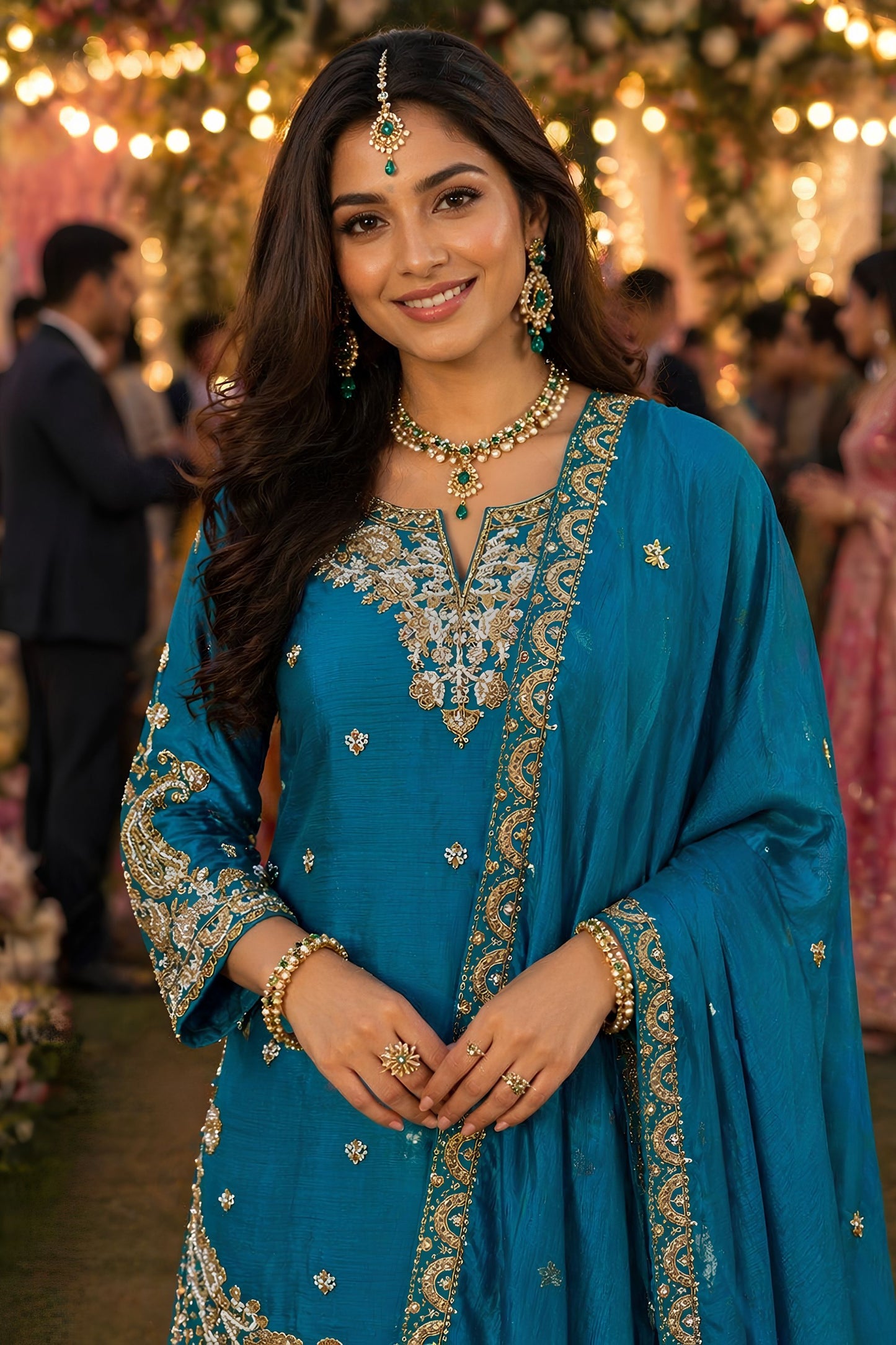 Adorable Teal Blue Chinon Embroidered Pakistani Palazzo Suit Set with Designer Dupatta