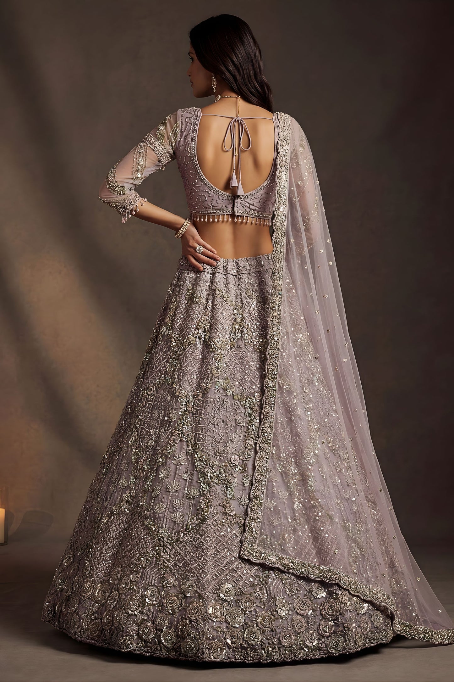 Luxury Dusty Lavender Net Embroidered Bridal Lehenga Choli Heavy Sequin Work Dupatta