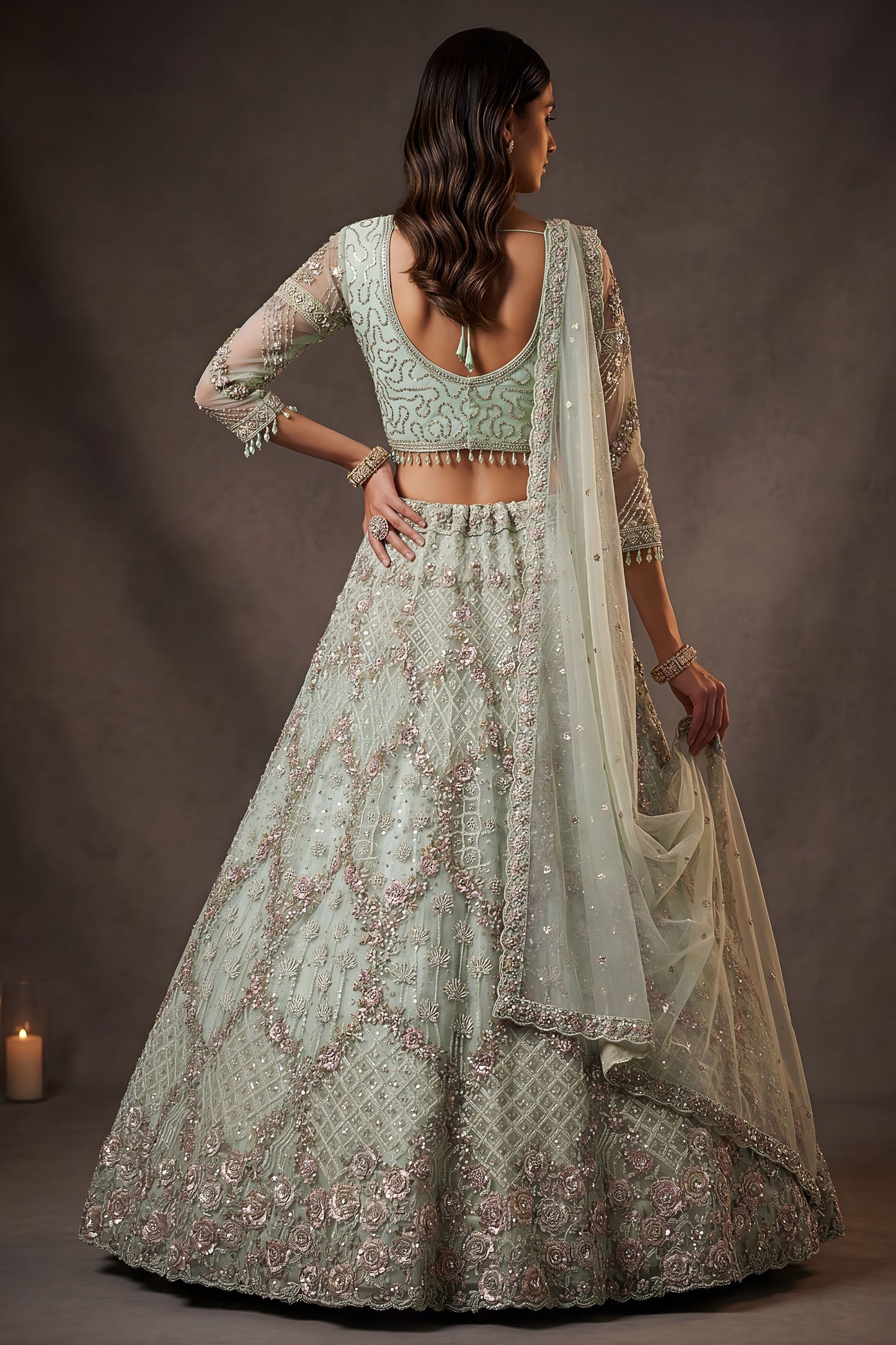 Elegant Sage Green Net Sequin Embroidery Work Bridal Lehenga Choli with Dupatta