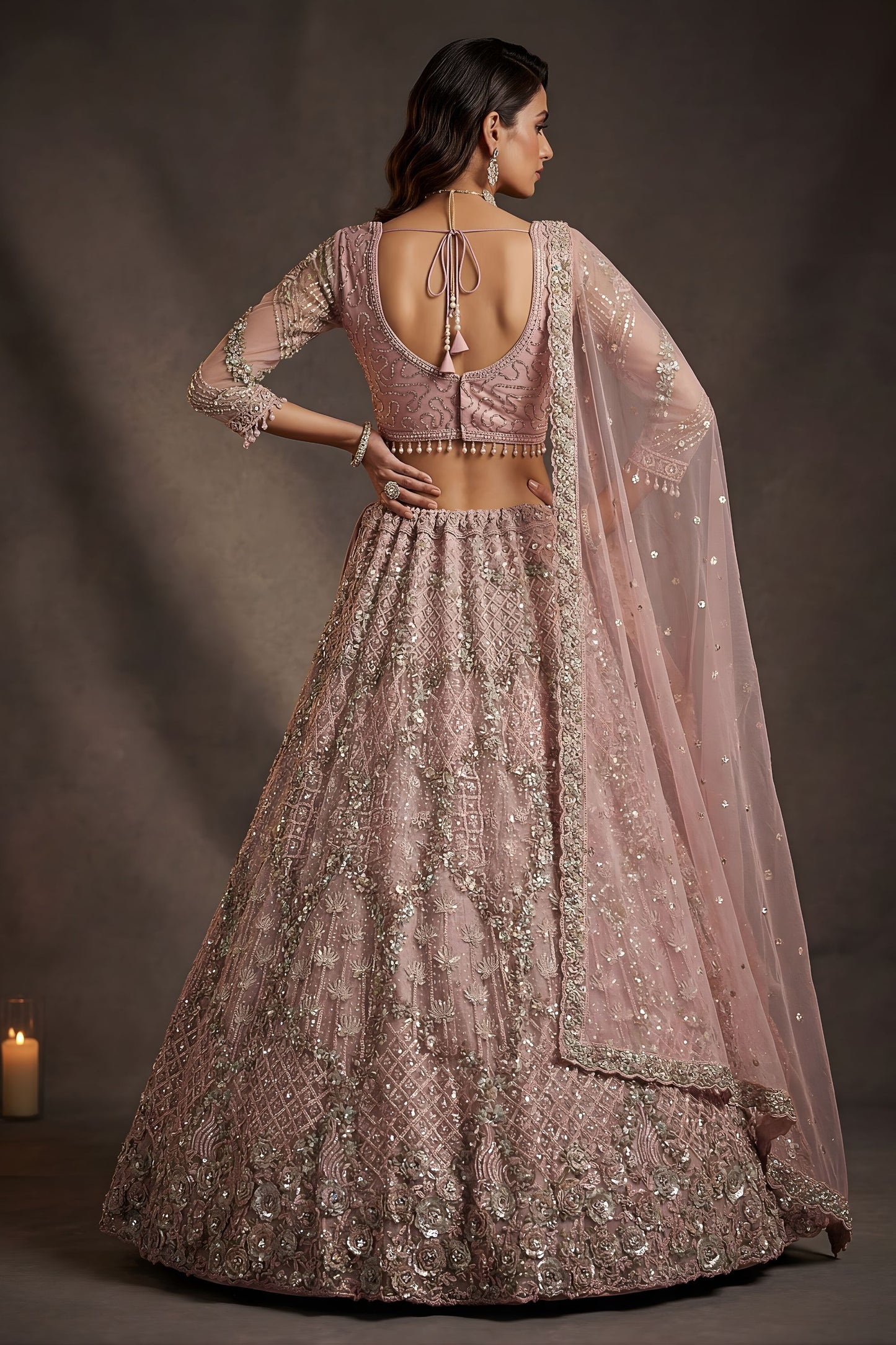 Beautifull Blush Pink Net Sequin Embroidery Work Bridal Lehenga Choli Dupatta