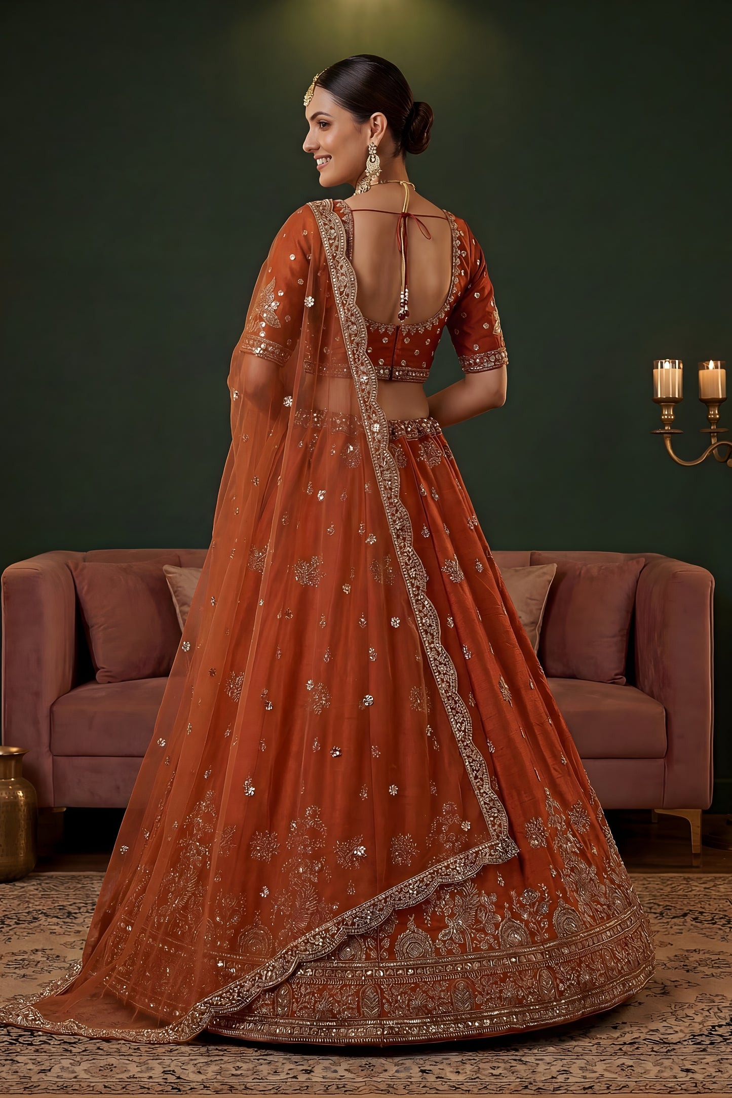 Vibrant Orange Gadhwal Silk Embroidered Bridal Lehenga Choli with Heavy Net Dupatta