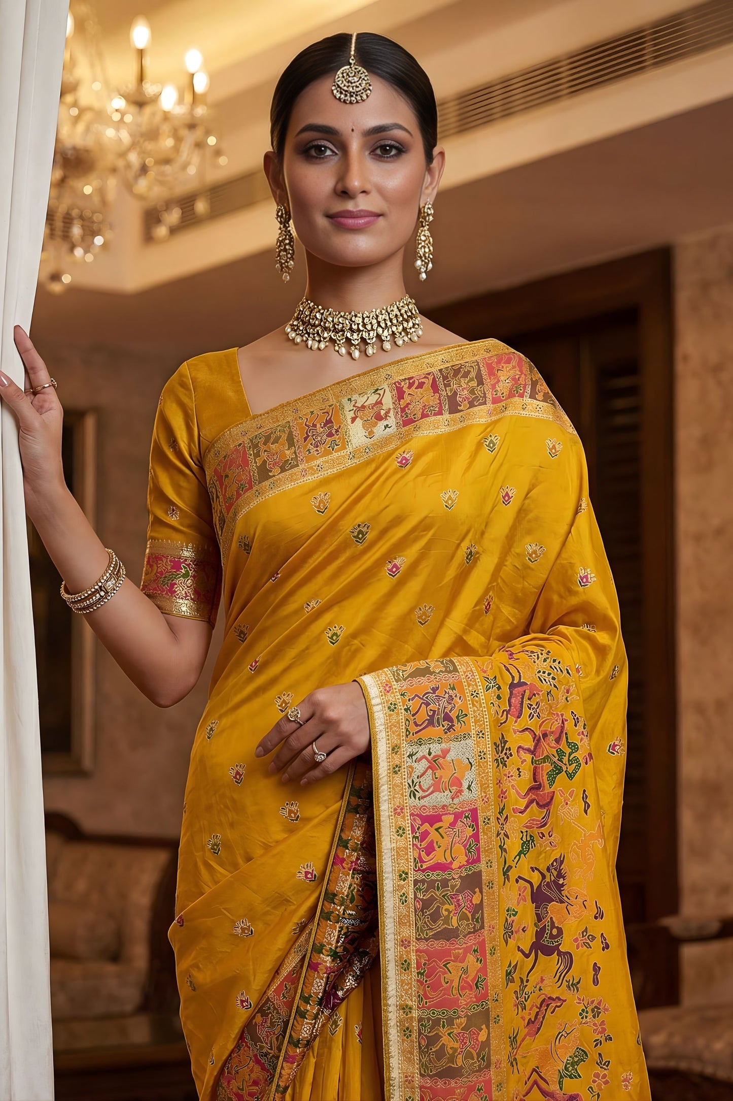 Royal Mustard Yellow Traditional Woven Silk Saree Paithani Border