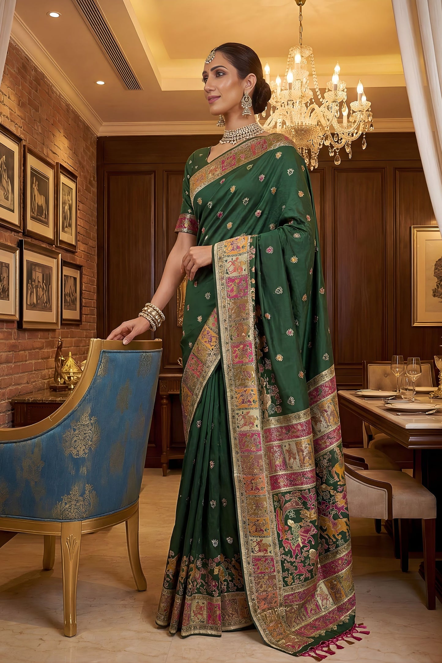 Dark Green Traditional Woven Silk Saree Rich Paithani Border