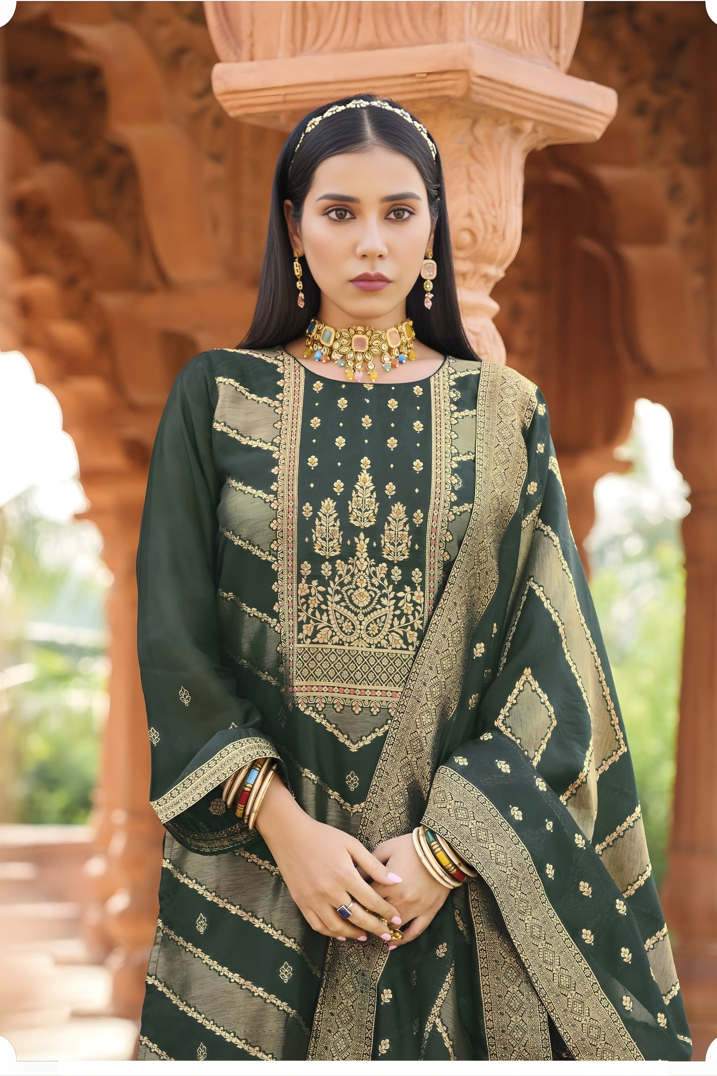 Royal Rama Green Banglori Silk Salwar Suit with Designer Woven Dupatta for Wedding