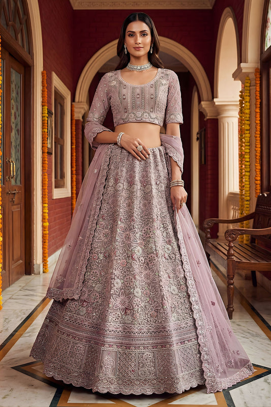 Luxury Mauve Net Embroidered Bridal Lehenga Choli Designer Dupatta for Wedding