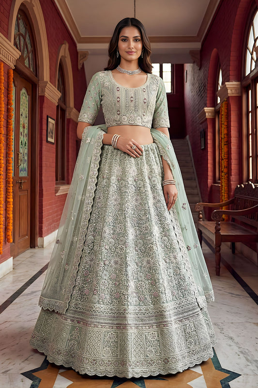 Luxury Pista Net Embroidered Bridal Lehenga Choli Designer Dupatta Wedding