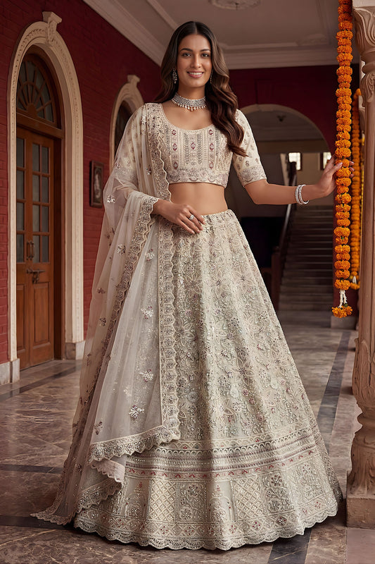 Luxury White Net Embroidered Bridal Lehenga Choli Designer Dupatta for Wedding