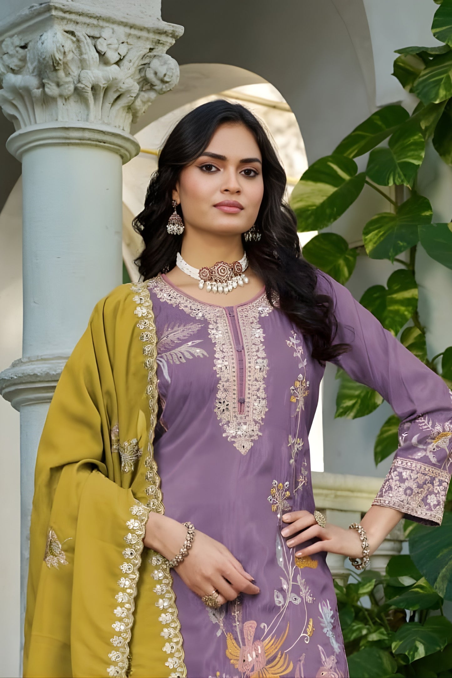 Stylish Purple Shimmer Embroidered Palazzo Suit Set with Mustard Dupatta
