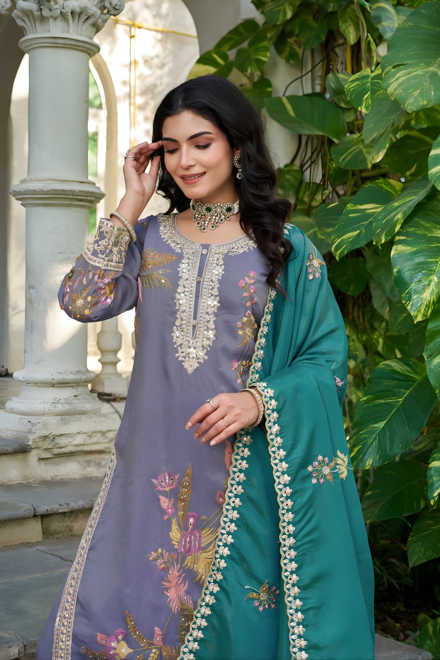 Admirable Lavender Shimmer Embroidered Palazzo Suit Set with Teal Dupatta