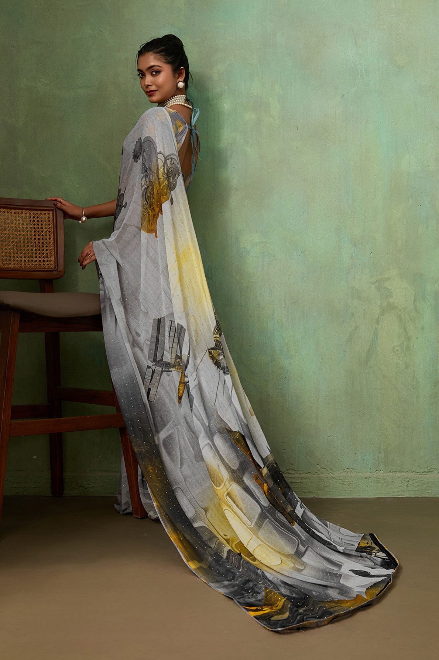 Grey Digital Printed Georgette Saree with Abstract Designer Pattern