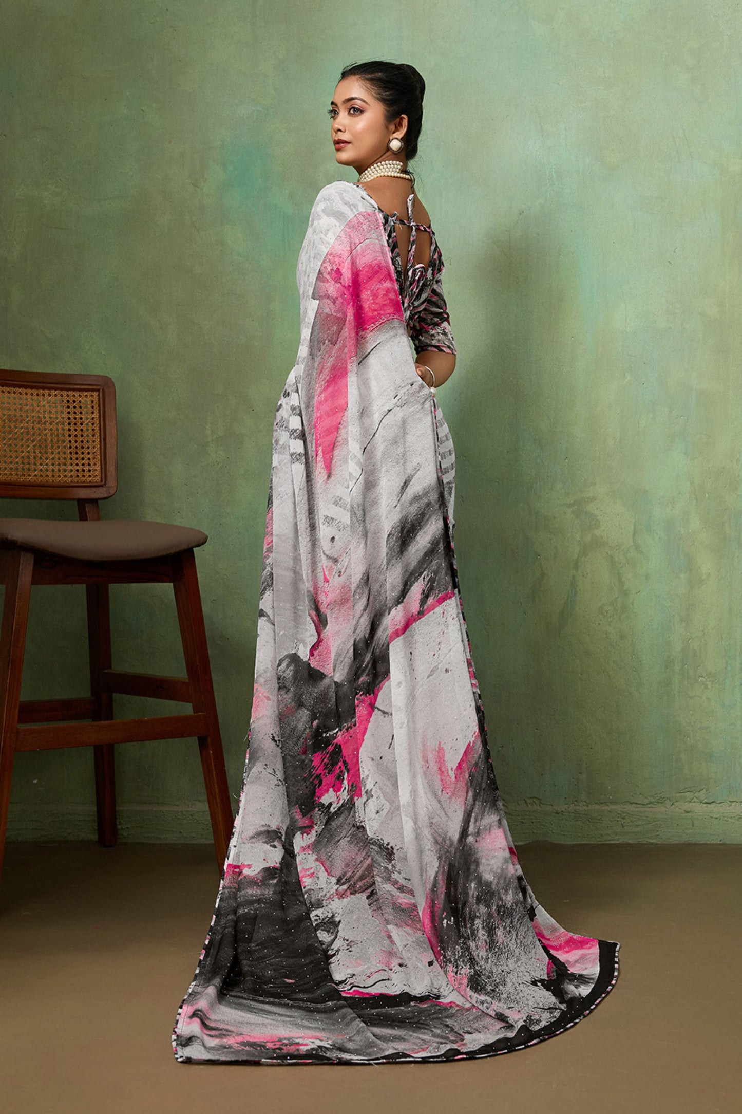 Grey Abstract Digital Printed Georgette Saree with Pink Designer