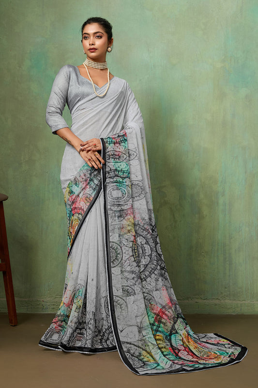 Grey Georgette Saree Multicolor Abstract Digital Print Designer Blouse