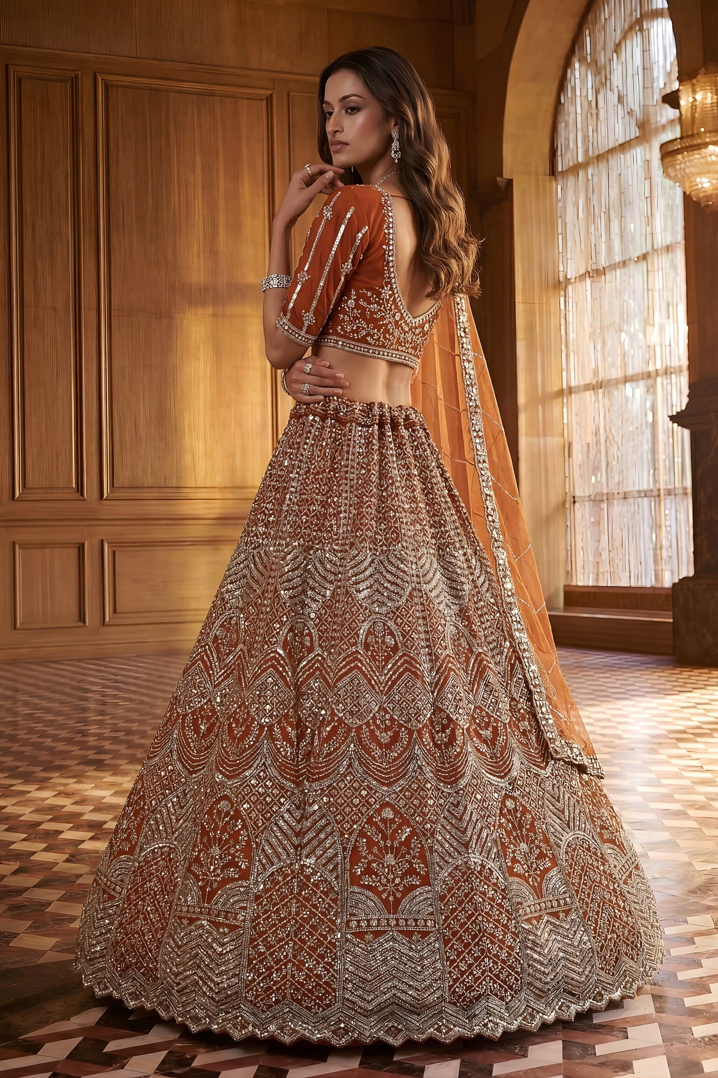 Royal Rust Orange Heavy Embroidered Lehenga Choli with Designer Net Dupatta for Wedding