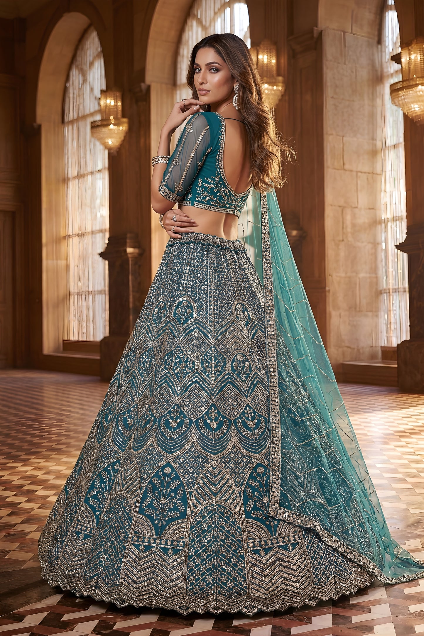 Elegant Teal Blue Heavy Embroidered Lehenga Choli with Designer Net Dupatta for Wedding