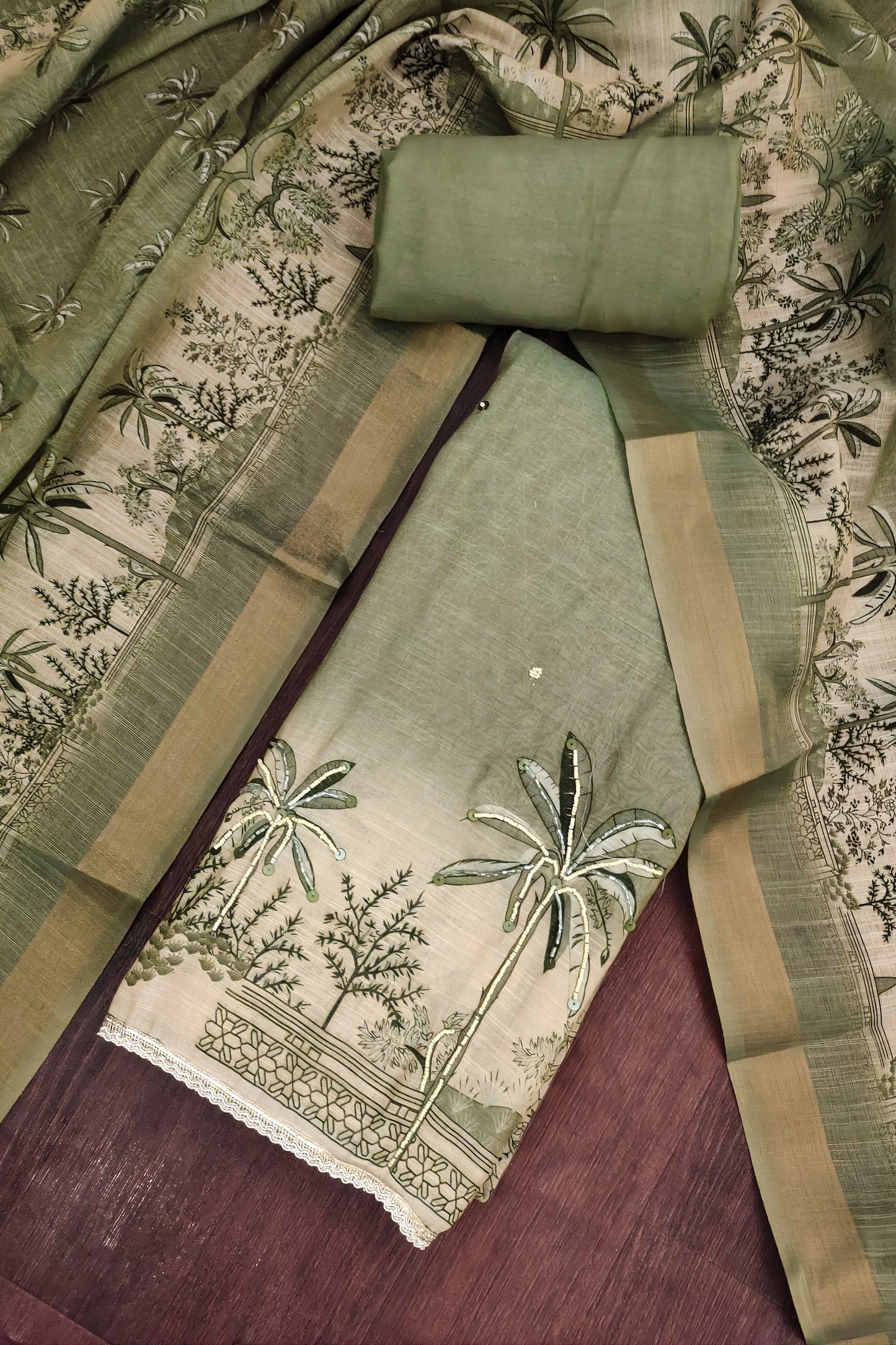 Elegant Pista Green Linen Cotton Semi-Stitched Straight Salwar Suit with Printed Dupatta