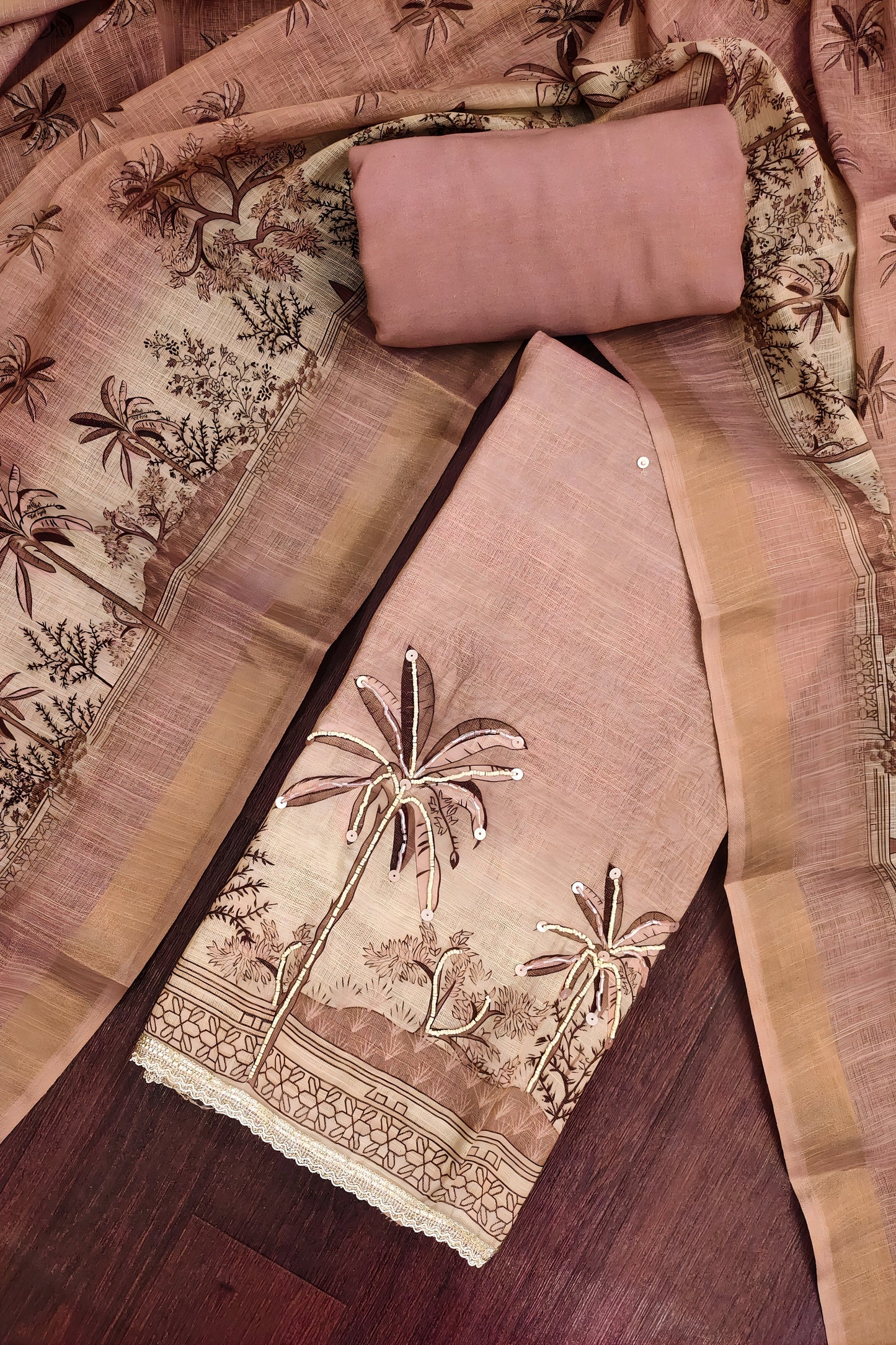 Lovely Rose Pink Linen Cotton Semi-Stitched Straight Salwar Suit with Printed Dupatta