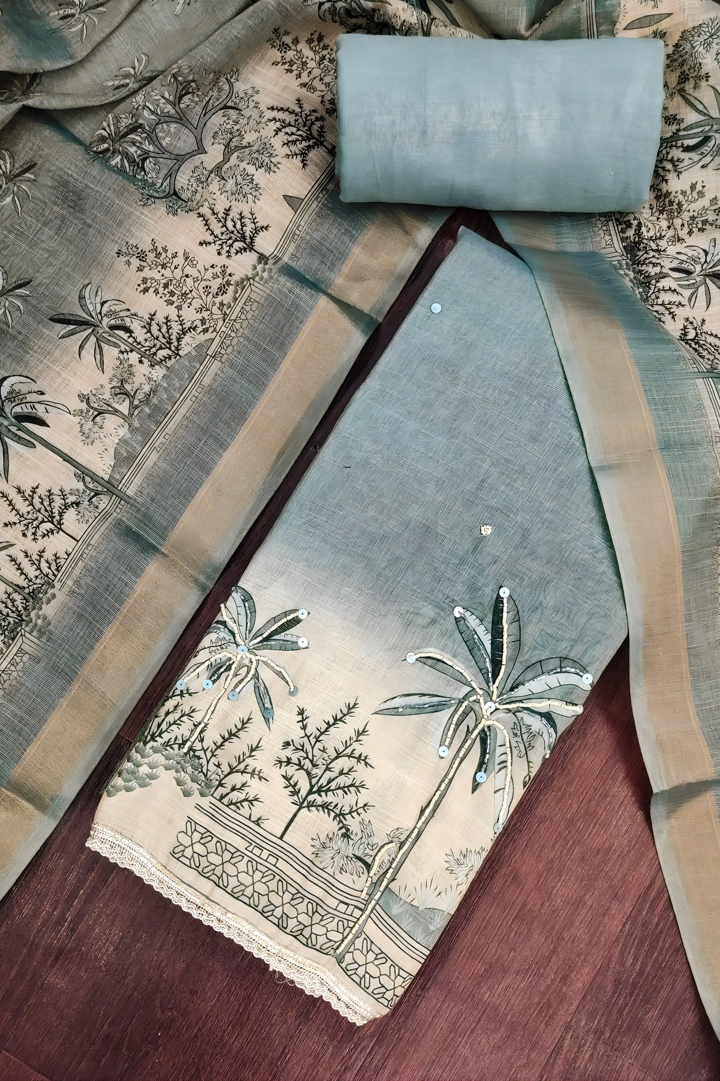 Admirable Teal Blue Linen Cotton Semi-Stitched Straight Salwar Suit with Printed Dupatta