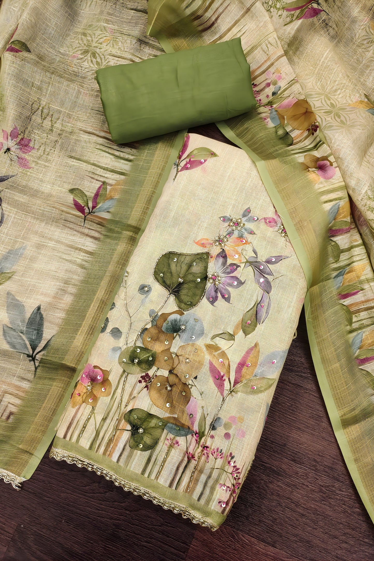 Graceful Pista Green Linen Cotton Semi-Stitched Straight Salwar Suit with Digital Printed Dupatta