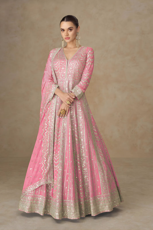 Beautiful Pink Georgette Embroidered Gown with Designer Dupatta for Wedding