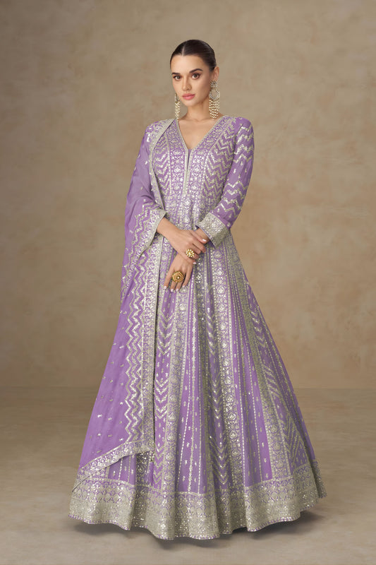 Wonderfull Lavender Georgette Embroidered Gown Designer Dupatta Wedding Wear