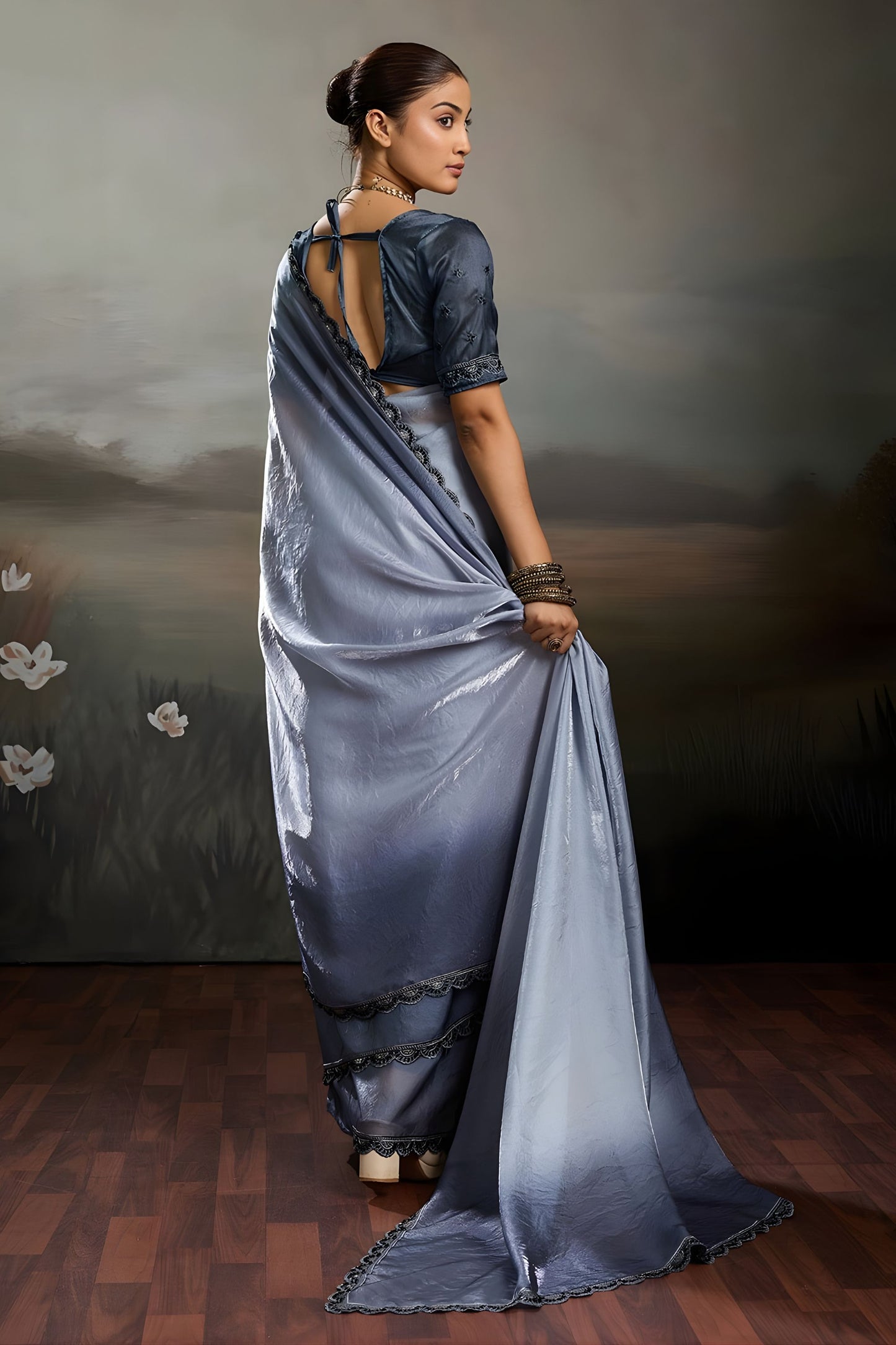 Elegant Grey Satin Silk Saree with Designer Lace Border for Party Wear