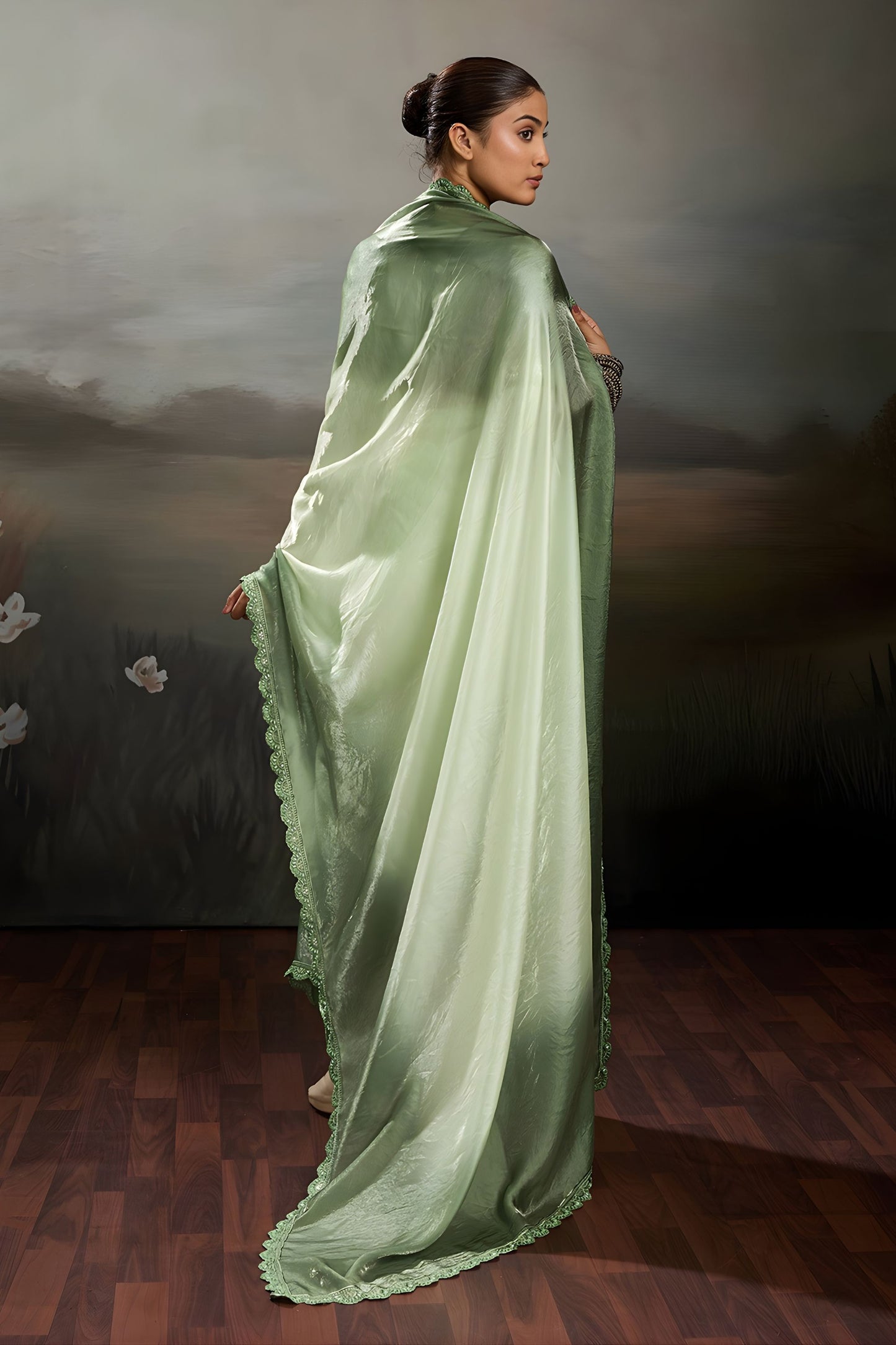 Beautiful Pista Green Satin Silk Saree with Designer Lace Border for Party Wear