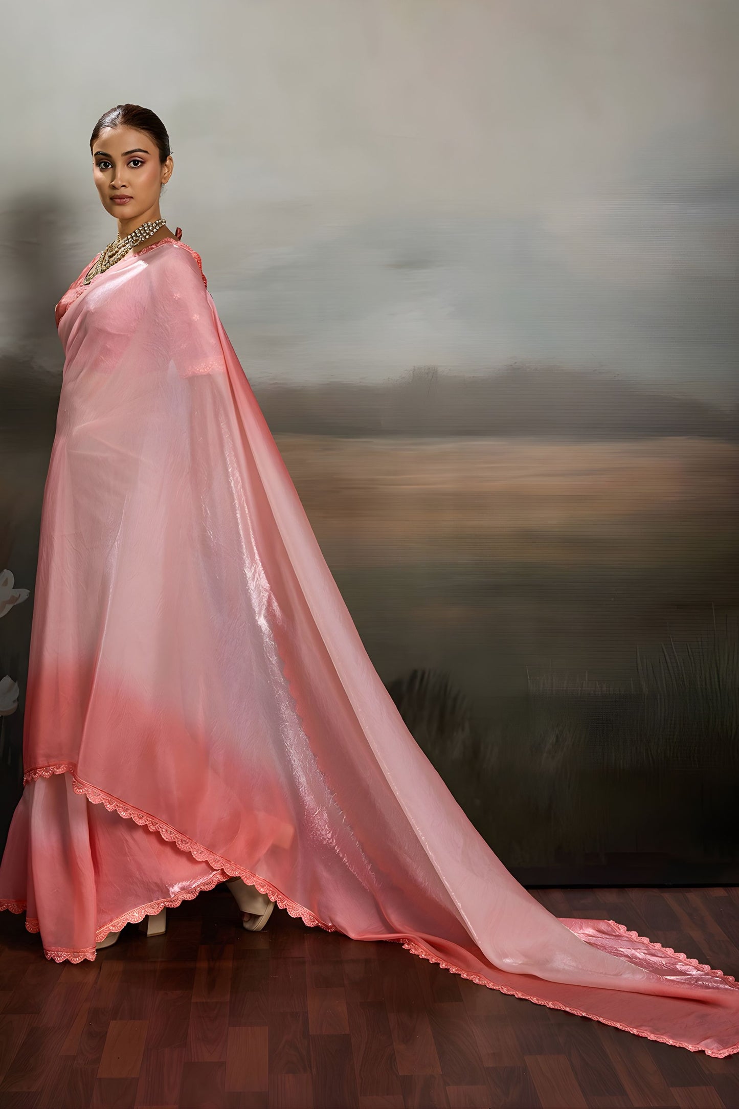 Elegant Baby Pink Satin Silk Saree with Scalloped Lace Border for Wedding