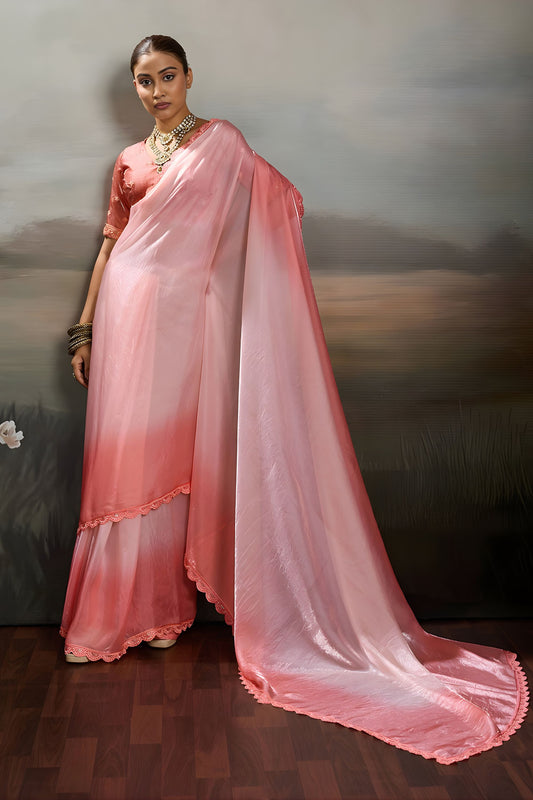 Elegant Baby Pink Satin Silk Saree with Scalloped Lace Border for Wedding