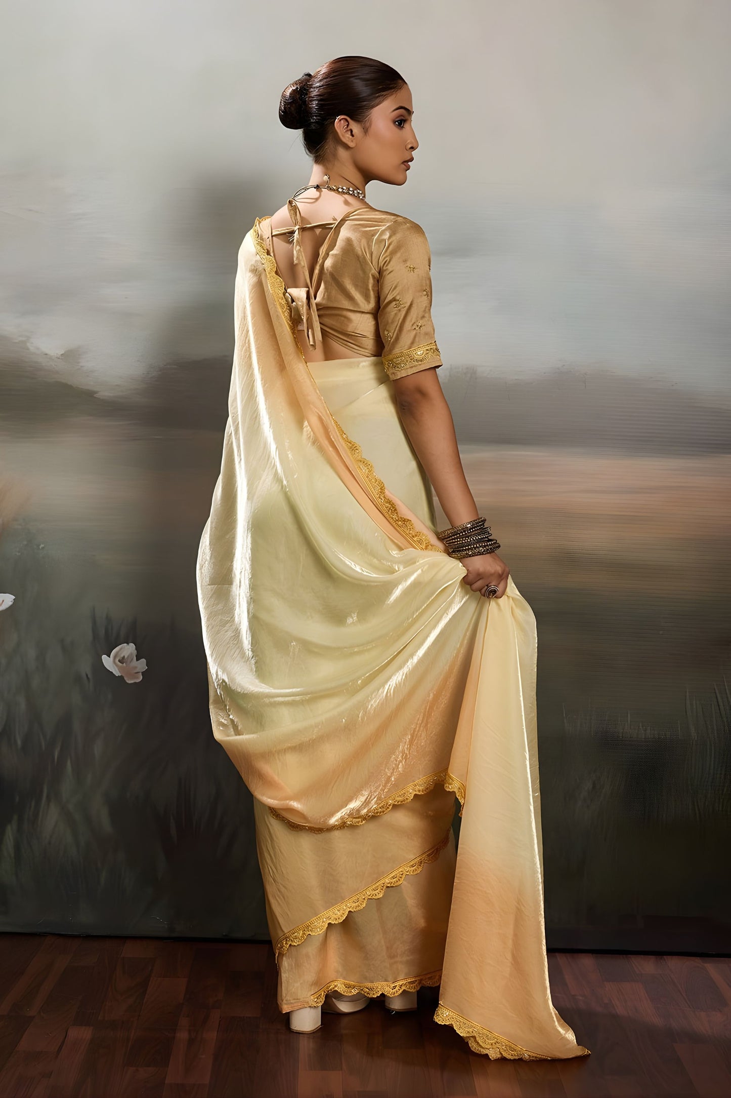 Elegant Cream Satin Silk Saree Designer Lace Border for Party Wear