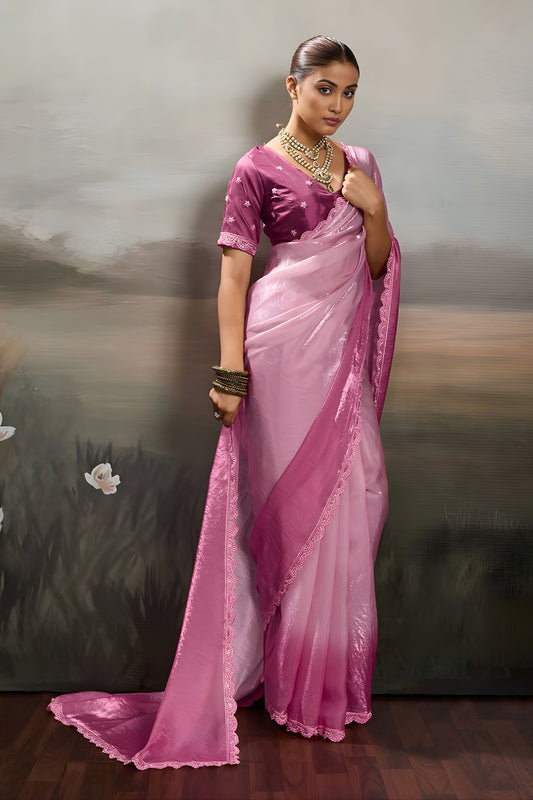 Vibrant Pink Satin Silk Saree Designer Lace Border for Party Wear