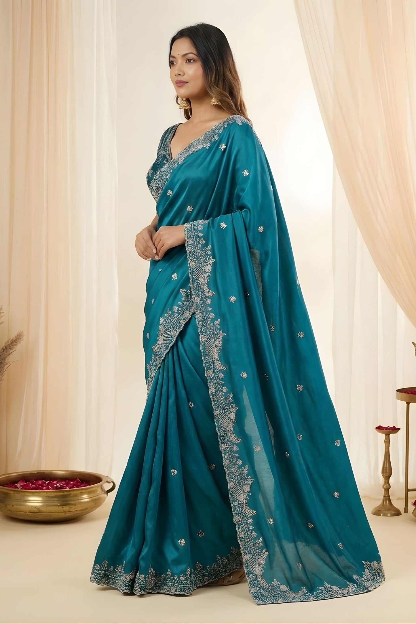 Blue Fendy Satin Saree Embroidered Border Blouse Piece for Wedding