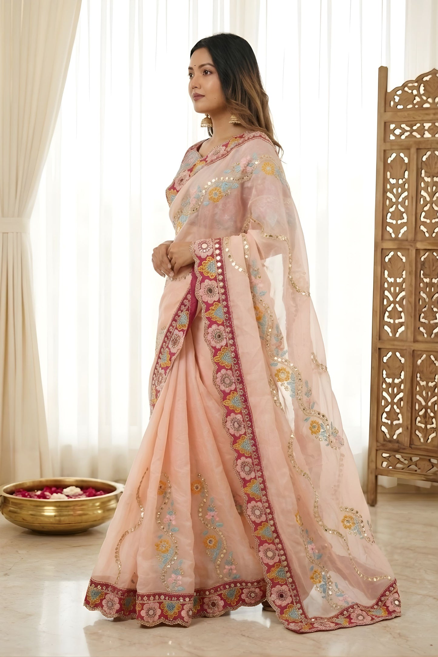 Elegant Peach Rangoli Silk Saree Heavy Embroidered Border Blouse Piece For Wedding
