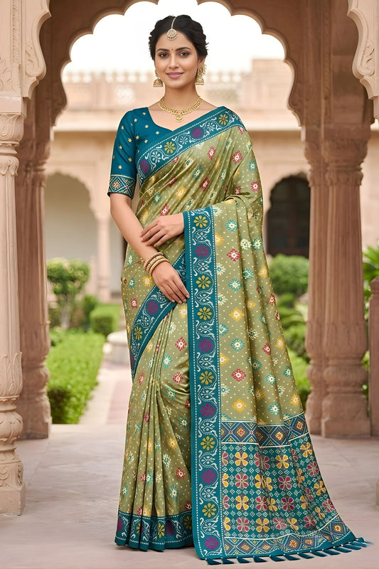 Wonderfull Pista Green Patola Silk Saree Woven Border Wedding Wear