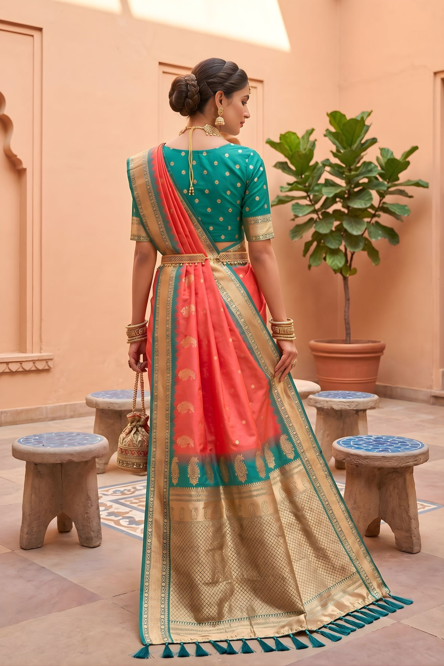 Beautiful Coral Pink Soft Silk Saree Zari Woven Border Wedding Wear