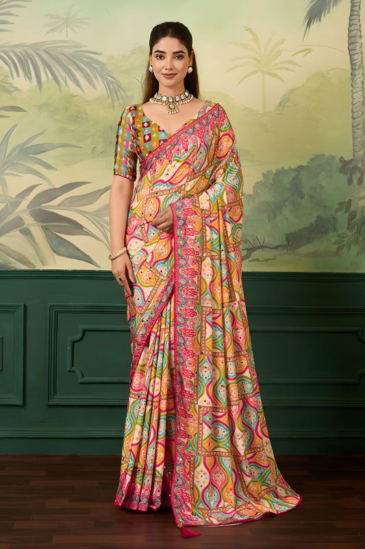 Beautiful Multicolor Crepe Silk Designer Printed Saree for Wedding