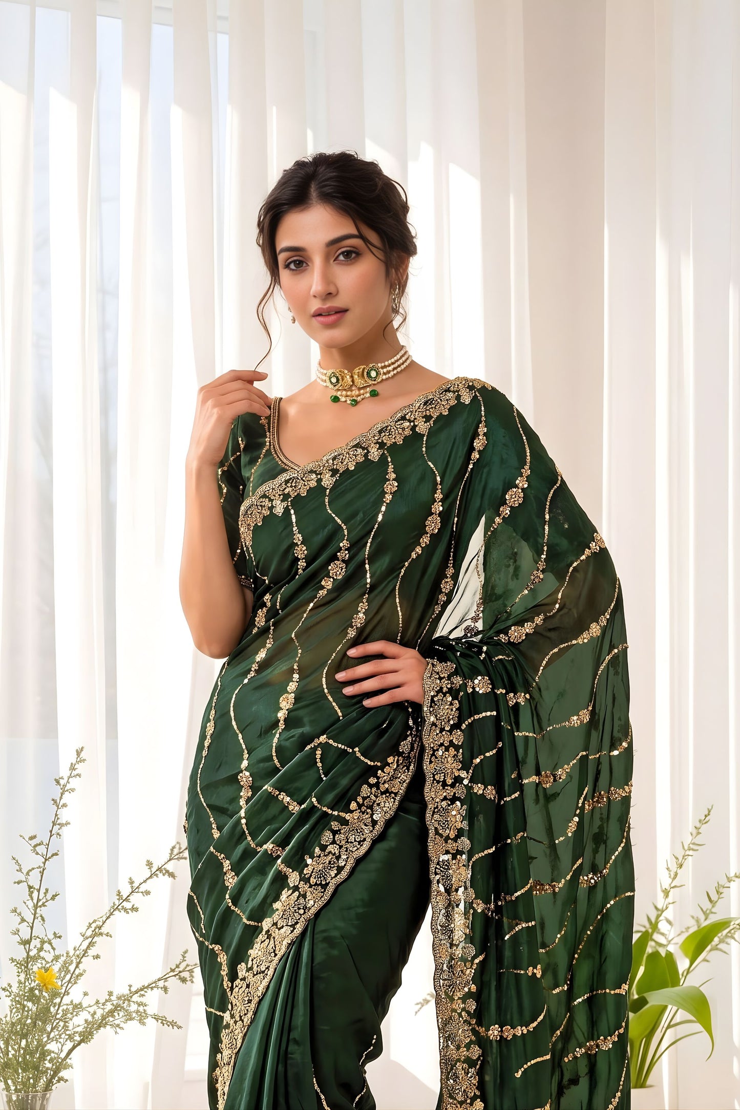 Vibrant Dark Green Space Silk Sequins Cutdana Hand Work Saree for Wedding