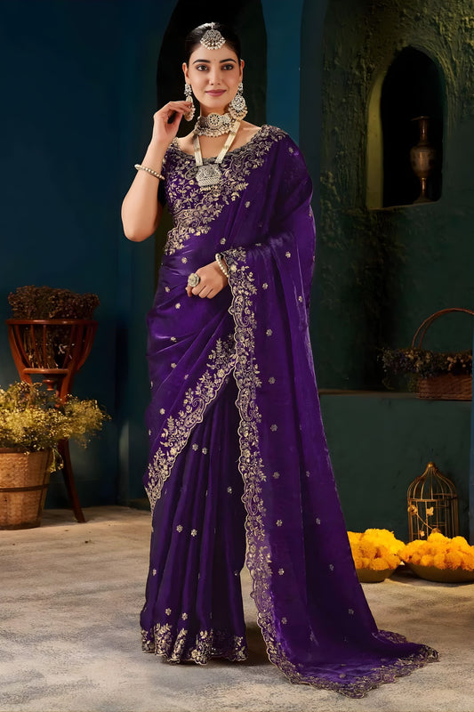 Vibrant Purple Fendy Satin Designer Embroidered Saree for Wedding