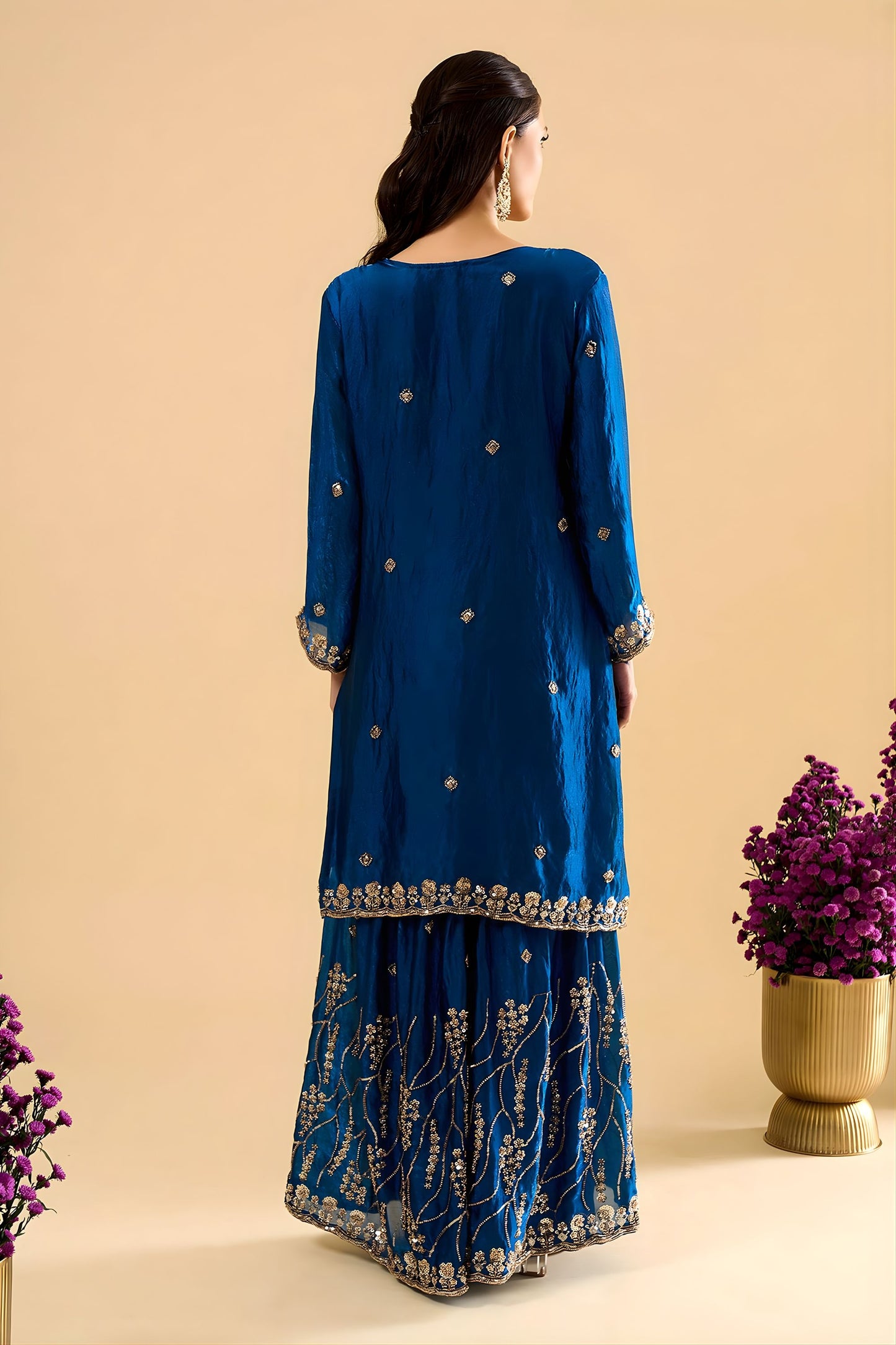 Royal Blue Fendy Silk Heavy Embroidery Work Sharara Suit Dupatta