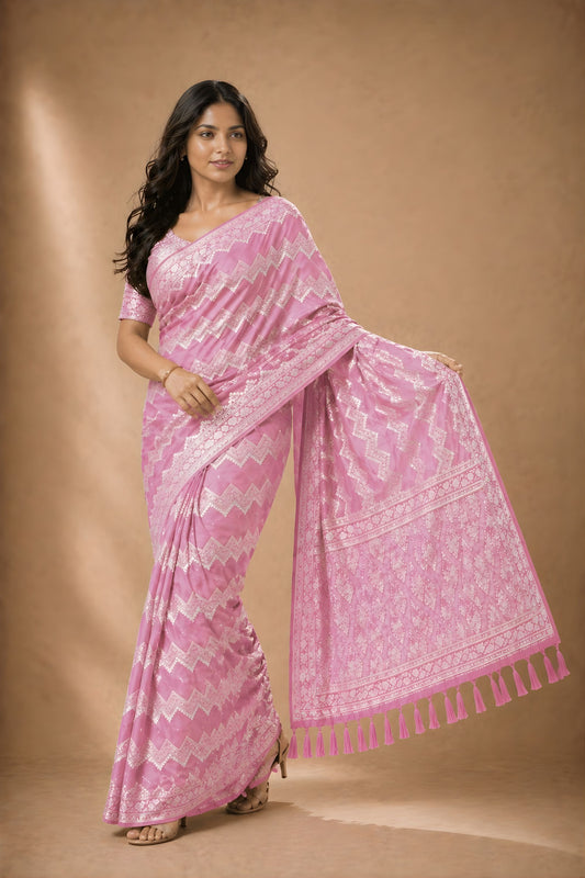 Beautiful Baby Pink Georgette Woven Jacquard Designer Saree for Wedding