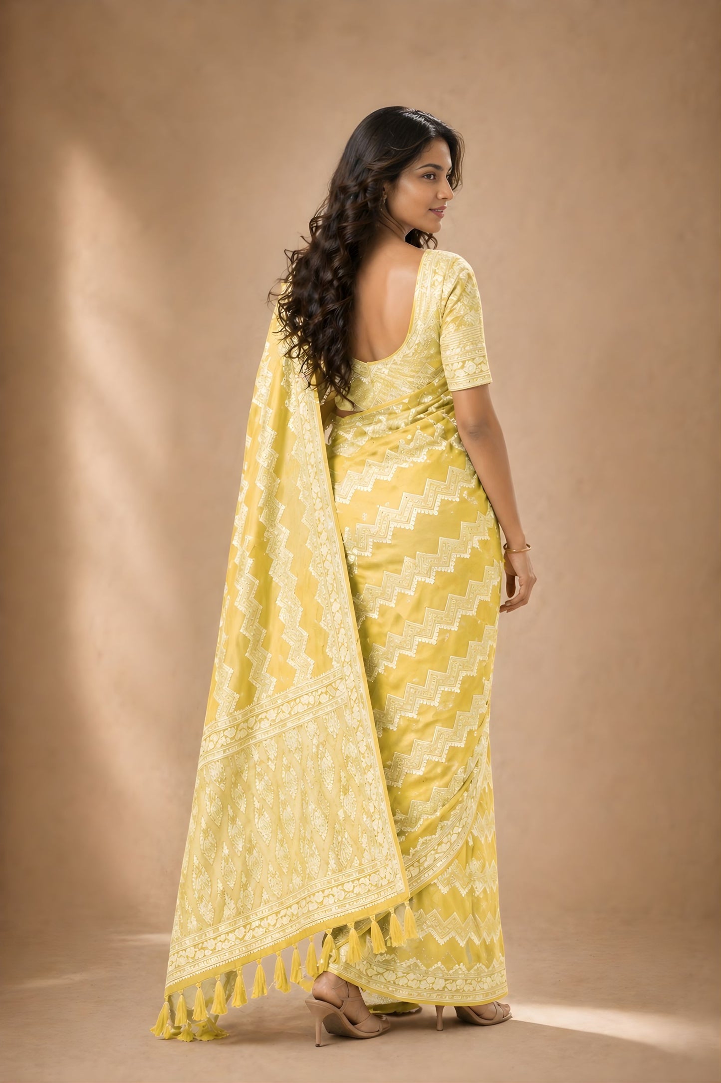 Premium Yellow Georgette Woven Jacquard Designer Saree for Wedding