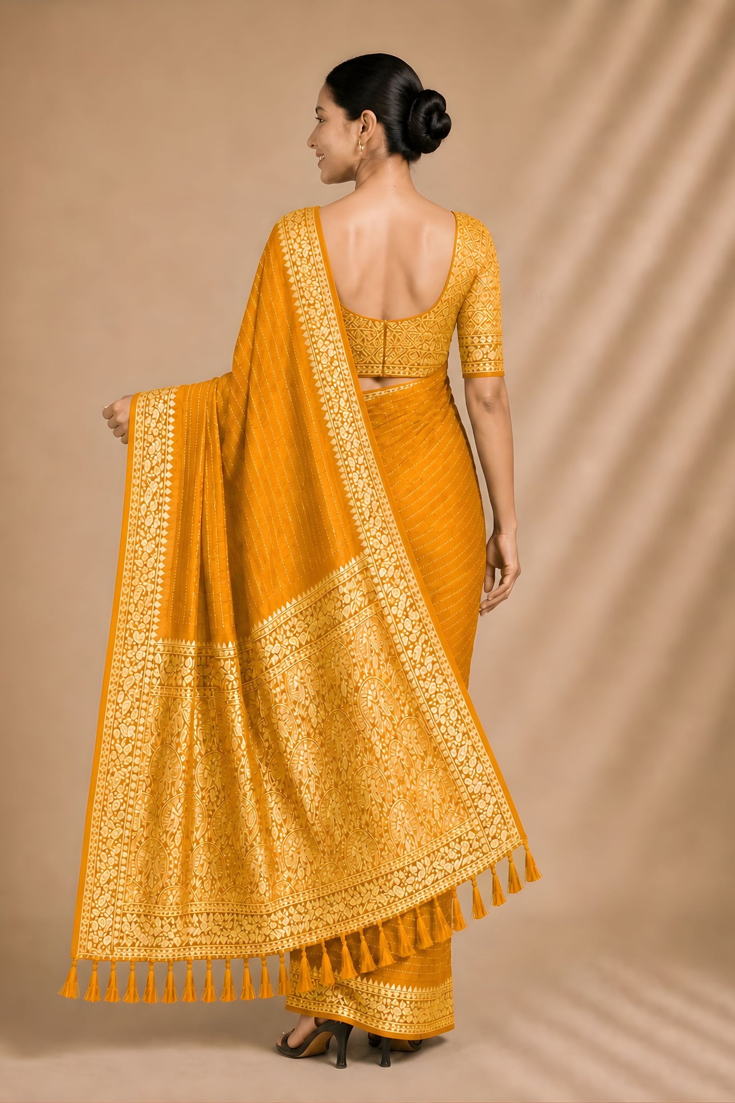 Stylish Mustard Yellow Chiffon Woven Jacquard Designer Saree Rich Border for Wedding
