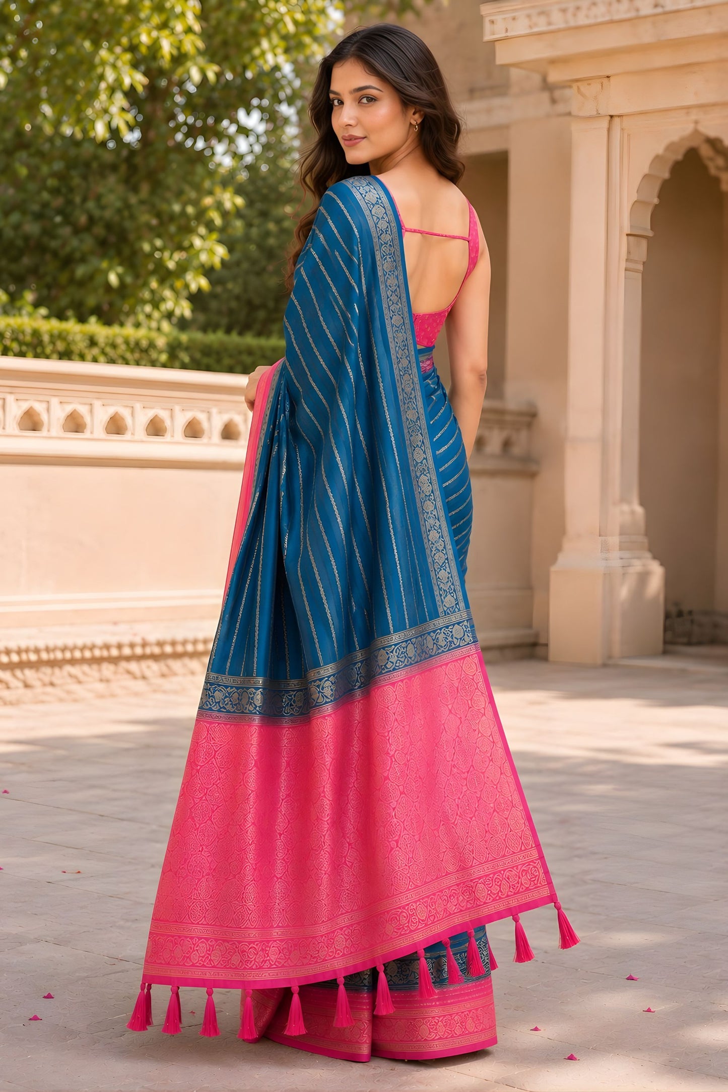 Royal Teal Blue Crepe Woven Jacquard Designer Saree for Wedding