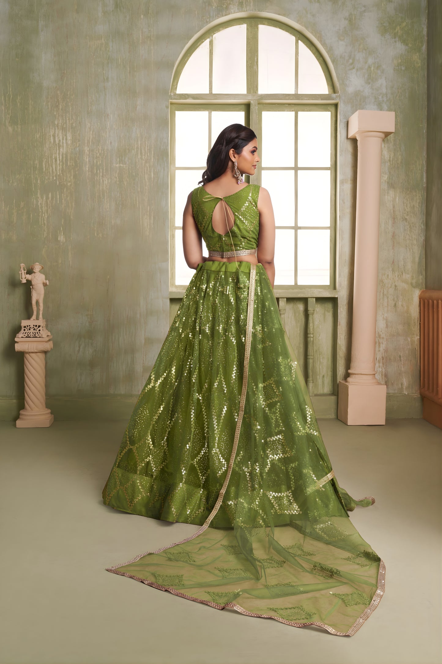 Elegant Olive Green Butterfly Net Designer Lehenga Choli with Heavy Embroidery Work for Wedding