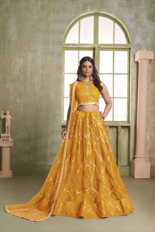Stylish Mustard Yellow Butterfly Net Designer Lehenga Choli with Heavy Embroidery Work for Wedding