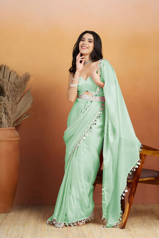 Elegant Mint Green Organza Saree Lace Border for Wedding
