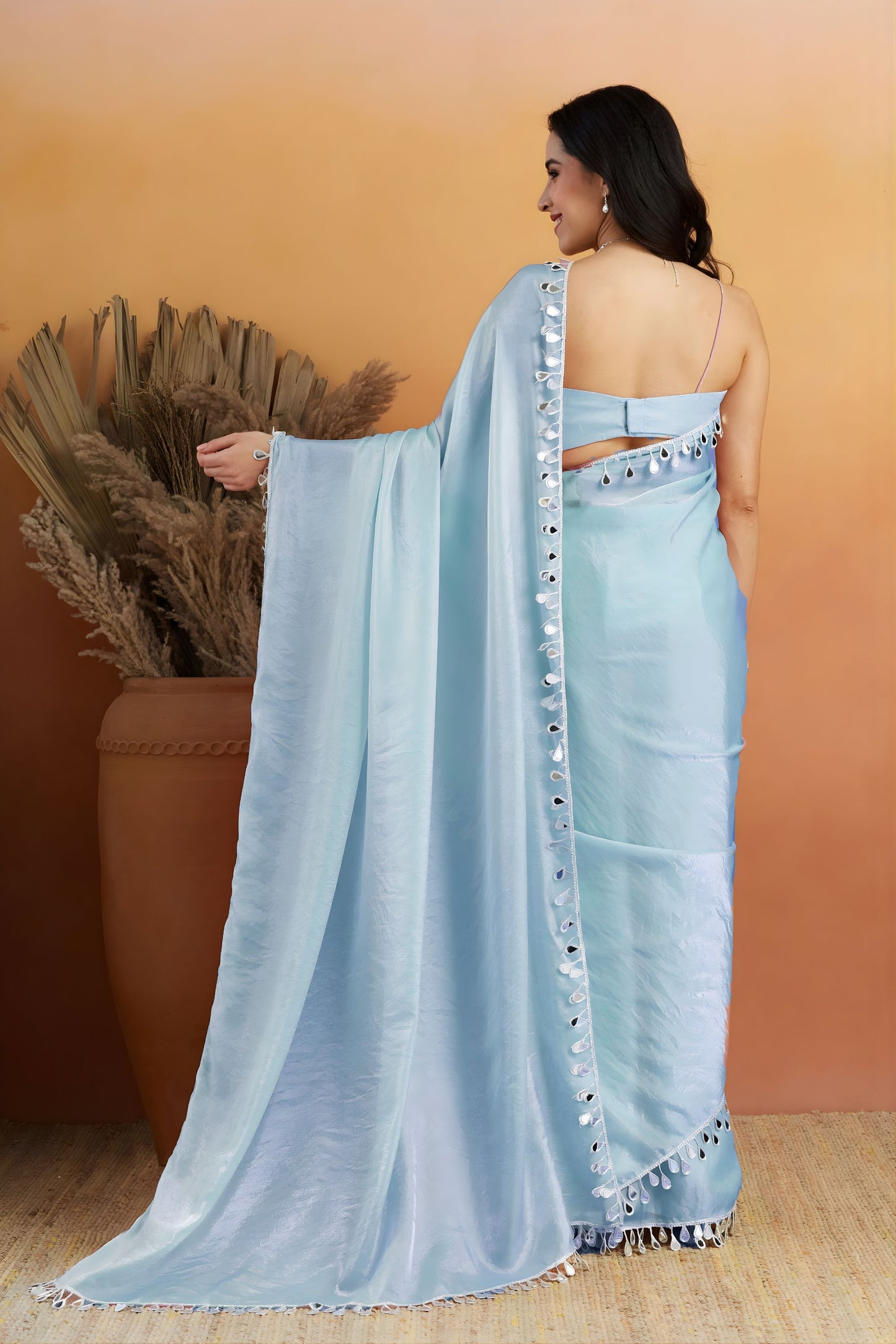 Royal Sky Blue Organza Saree Lace Border for Wedding