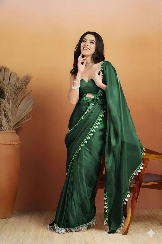 Elegant Bottle Green Organza Saree Lace Border for Wedding