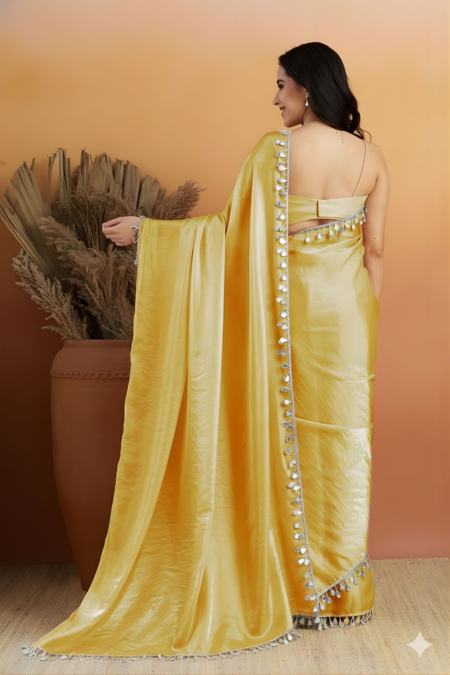 Stylish Mustard Yellow Organza Saree Lace Border for Wedding