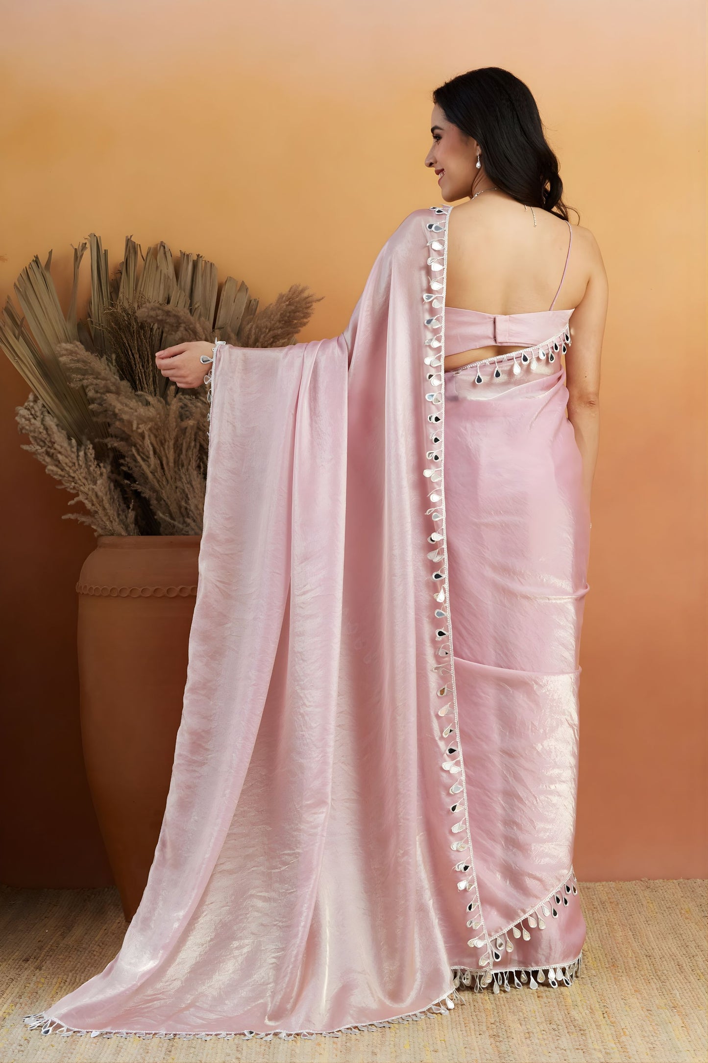 Beautiful Baby Pink Organza Saree Lace Border for Wedding